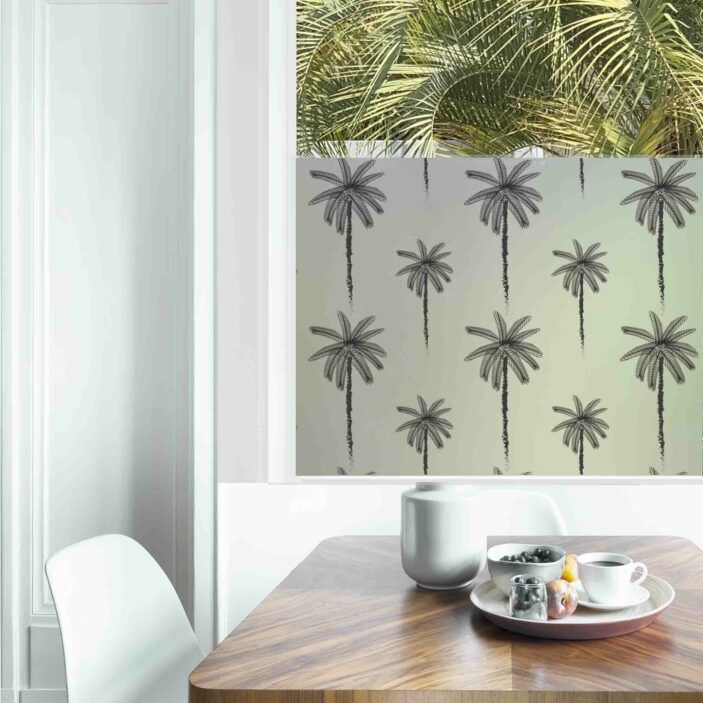 Dining table with fresh flowers and breakfast tray with coffee c Palm Privacy Window Film