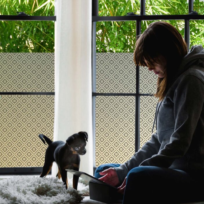 StickPretty-Privacy-Window-Film-Jane-Black window privacy film keeps distractions at bay for a girl studying as her puppy watches.