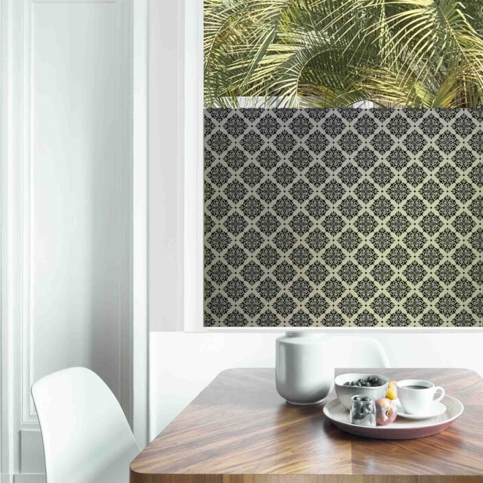 Dining table with fresh flowers and breakfast tray with coffee c Dining table with fresh flowers and breakfast tray with coffee c