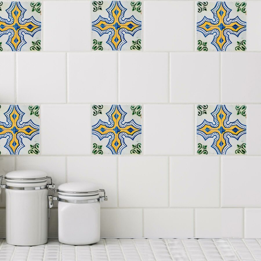 Green and blue mosaic tile stickers adorns kitchen tiles.