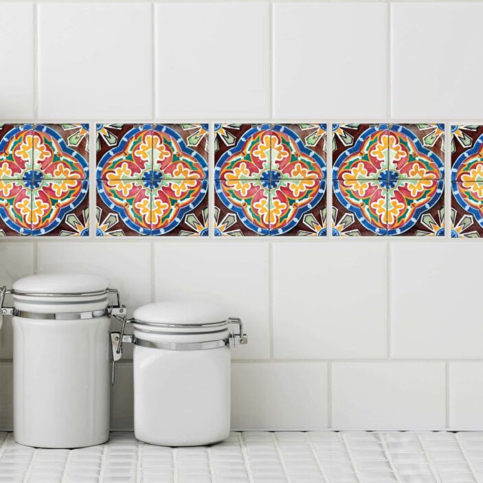 Brightly colored, Spanish style motif peel-and-stick tile decals.