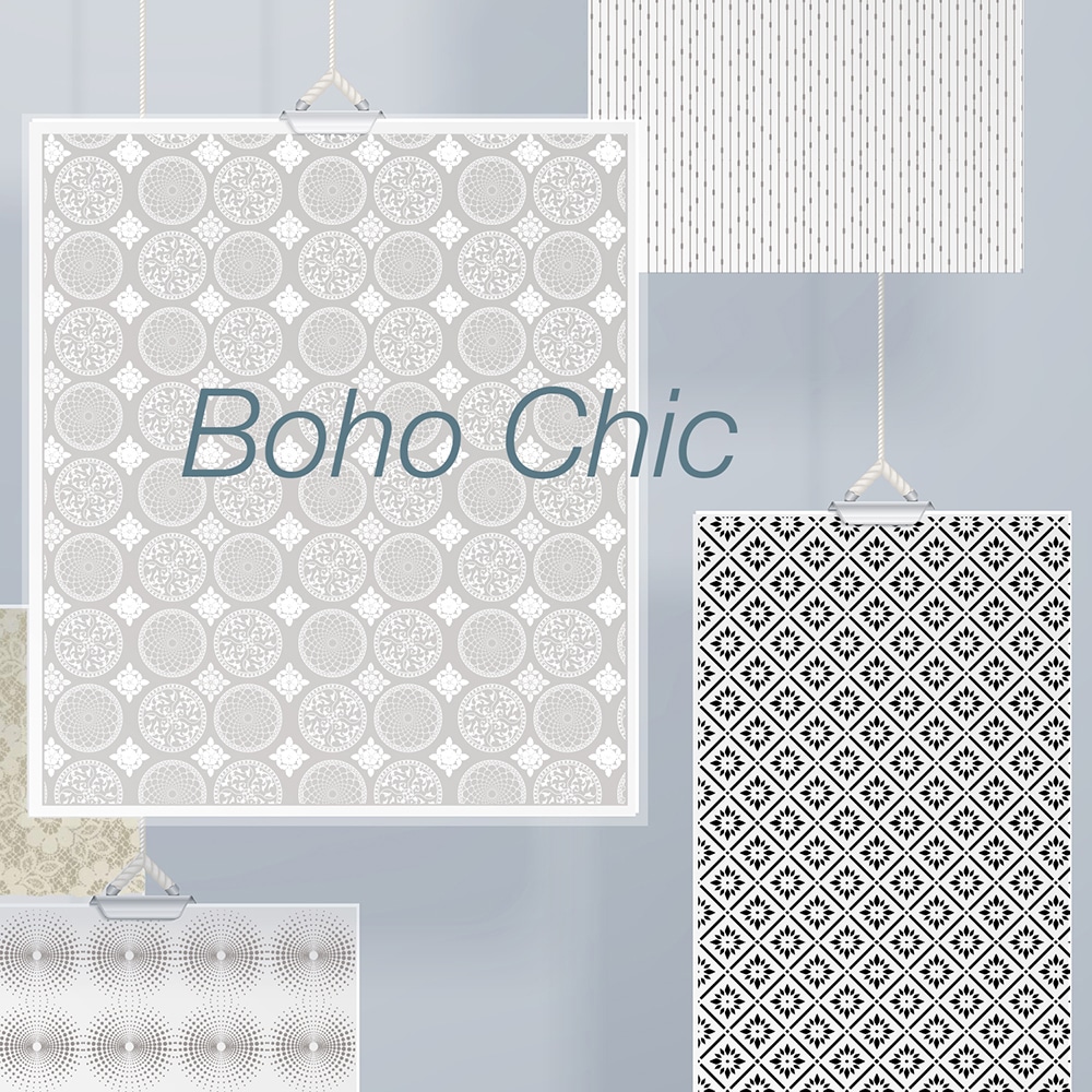 An array of Cali cool window privacy film for bathrooms are featured in Boho chic designs.